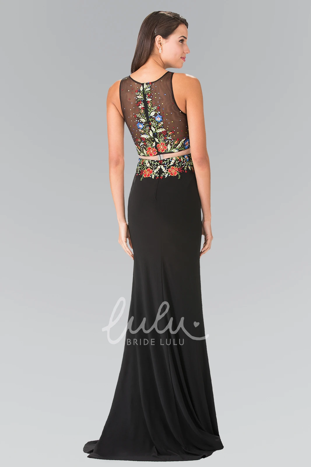 Sleeveless Sheath Jersey Illusion Dress with Embroidery Modern Formal Dress