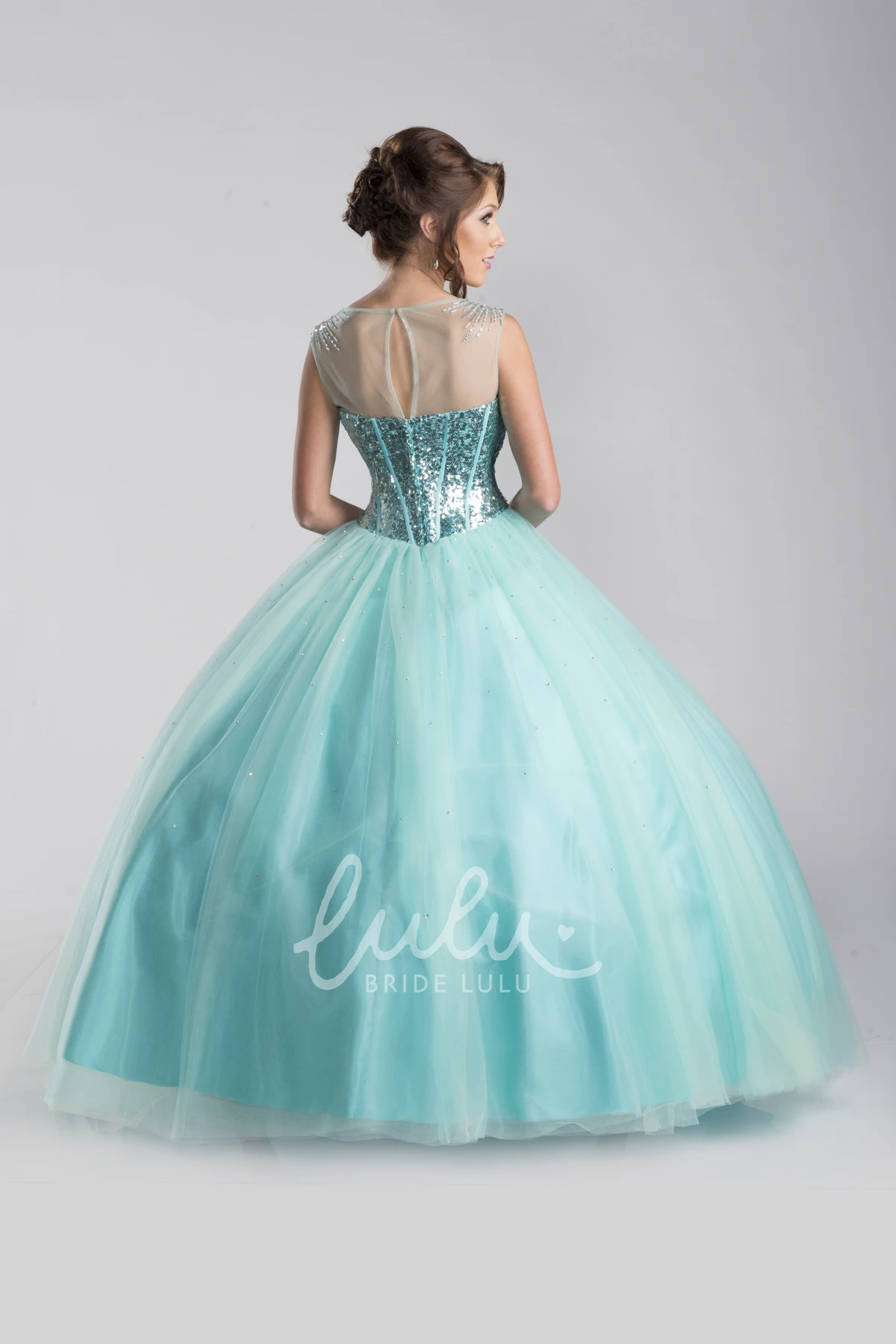 Sequined Bodice Tulle A-Line Prom Dress with Keyhole Back