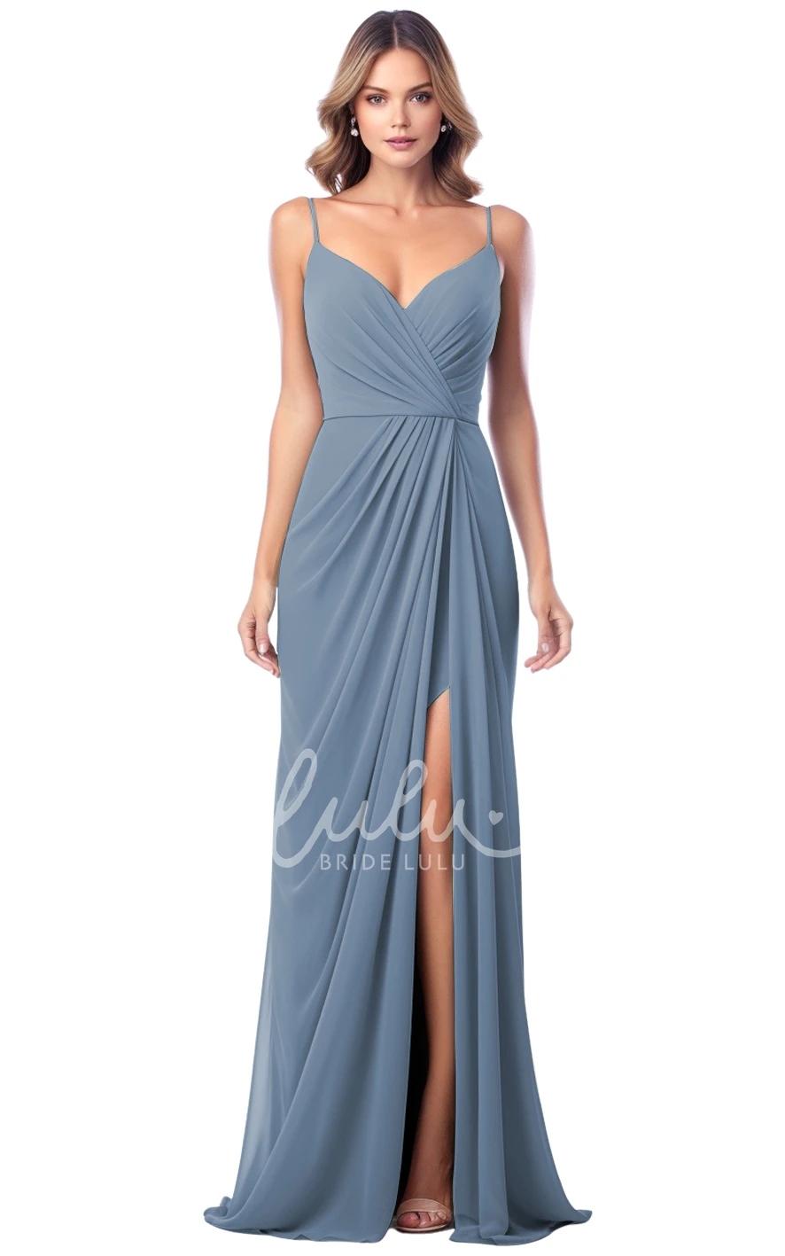 A-Line Satin V-neck Bridesmaid Dress with Split Front Simple & Elegant