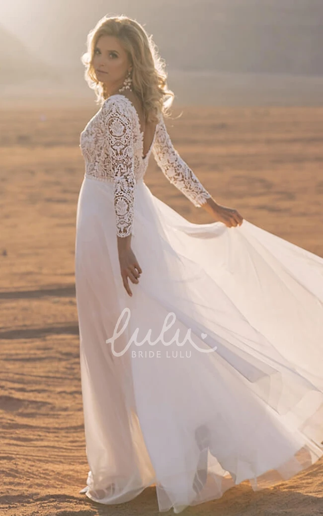 Illusion Sleeve A-Line Chiffon Beach Wedding Dress with Bateau Neckline