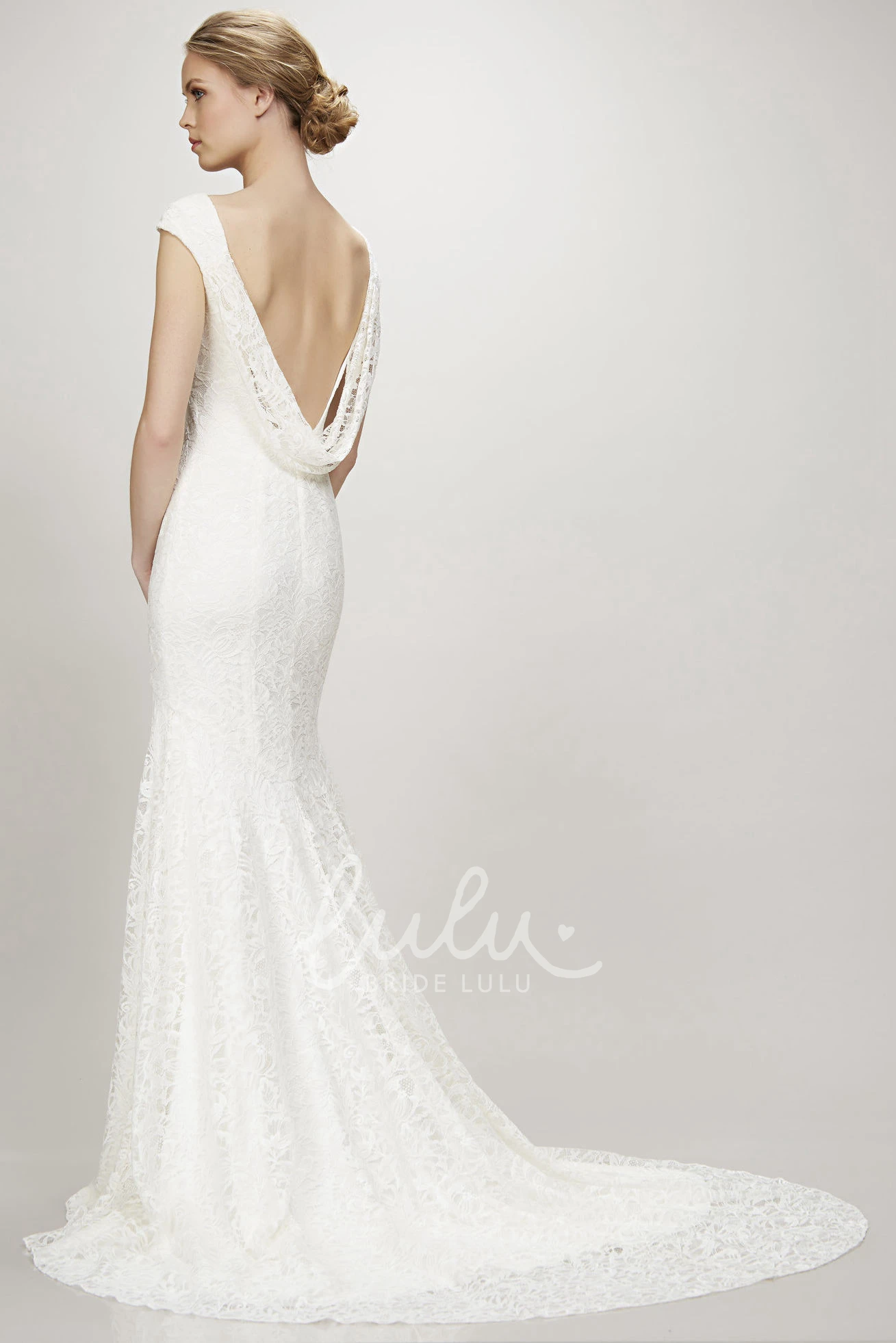 Cap-Sleeve Lace V-Neck Wedding Dress with Court Train and V Back