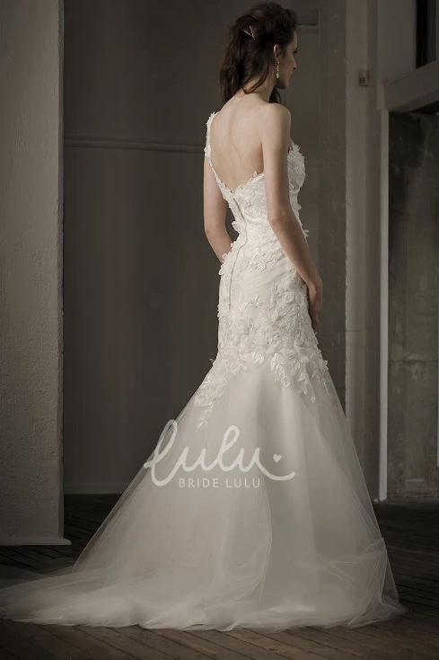Trumpet One-Shoulder Appliqued Tulle Wedding Dress with Court Train Sleeveless Backless Style
