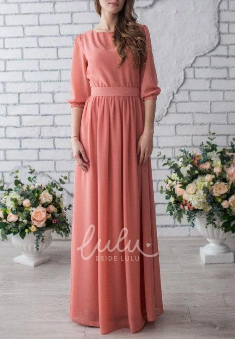 Peach Chiffon Formal Dress with Sleeves Long Mother of the Bride Gown