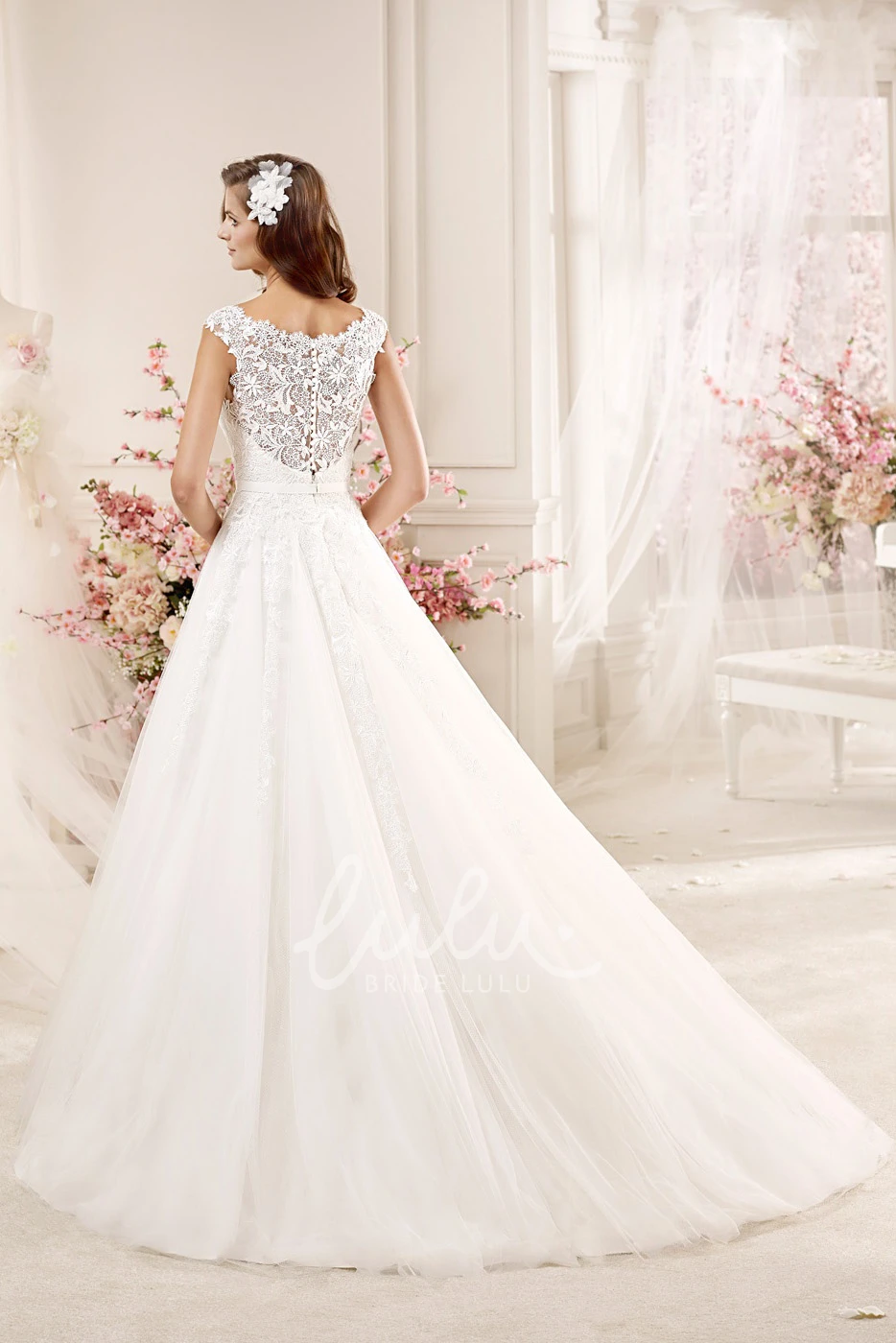Illusive Lace Cap-sleeve Wedding Dress with Brush Train Scalloped Neck and Timeless