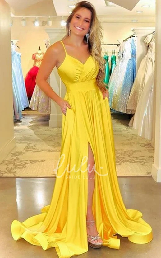 Satin Spaghetti A-Line Prom Dress with Ruching Elegant Formal Dress