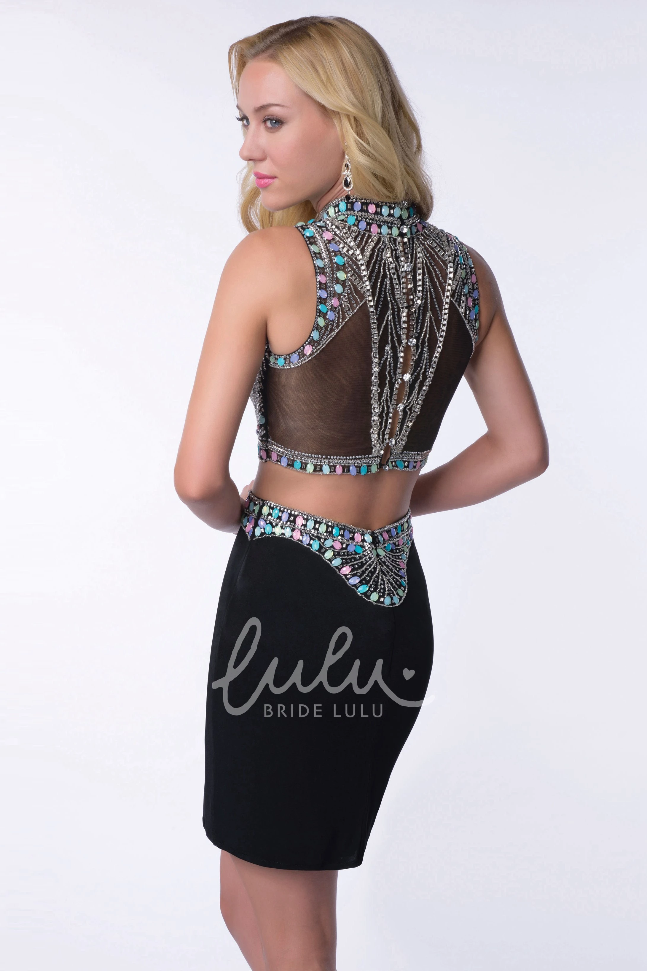 Rhinestone Embellished High Neck Homecoming Dress Sleeveless Two-Piece