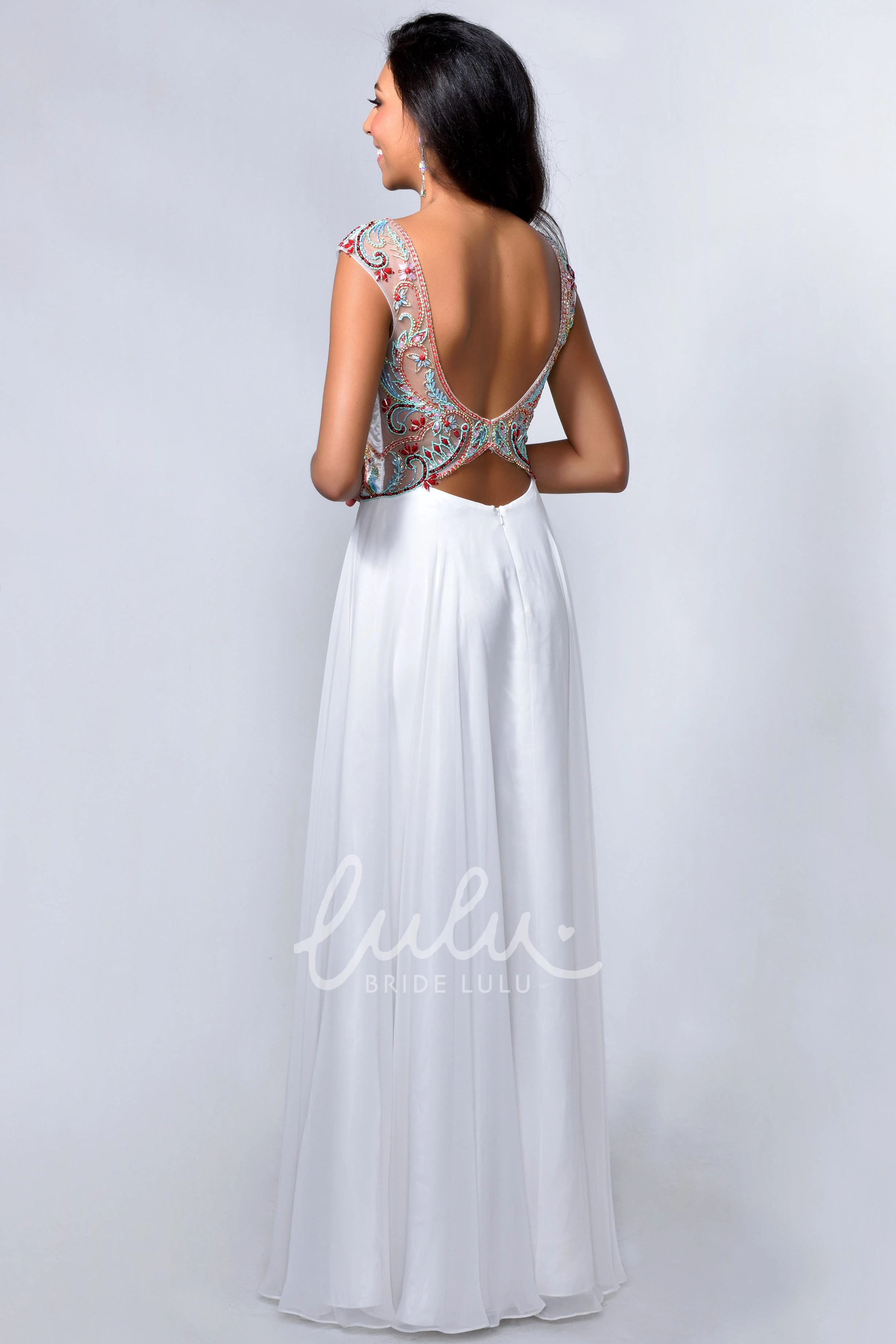 Applique V-Neck Cap-Sleeve A-Line Formal Dress with Low-V Back