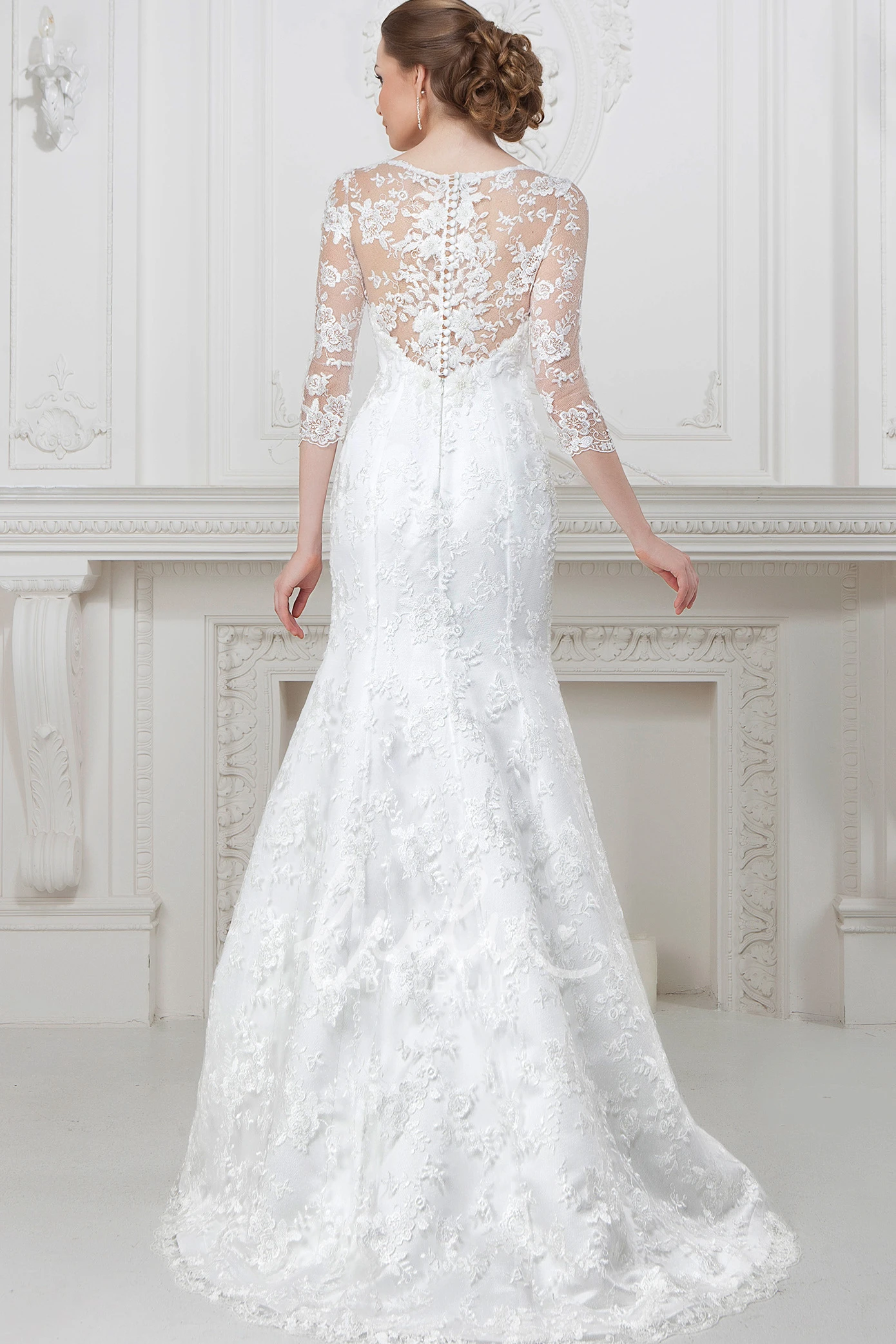 A-Line Lace Wedding Dress with Illusion Scoop-Neck 3-4-Sleeves