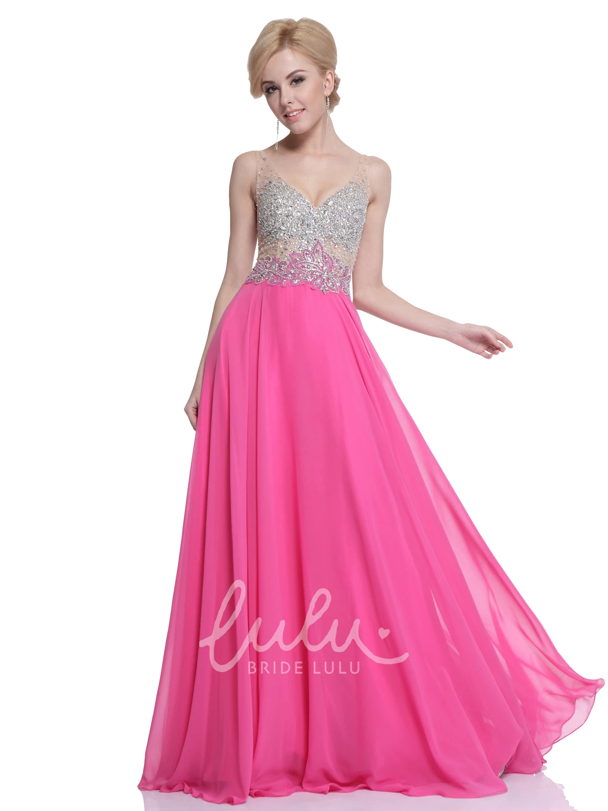 Chiffon A-Line Dress with Pleats Beading and Deep-V Back for Formal Events