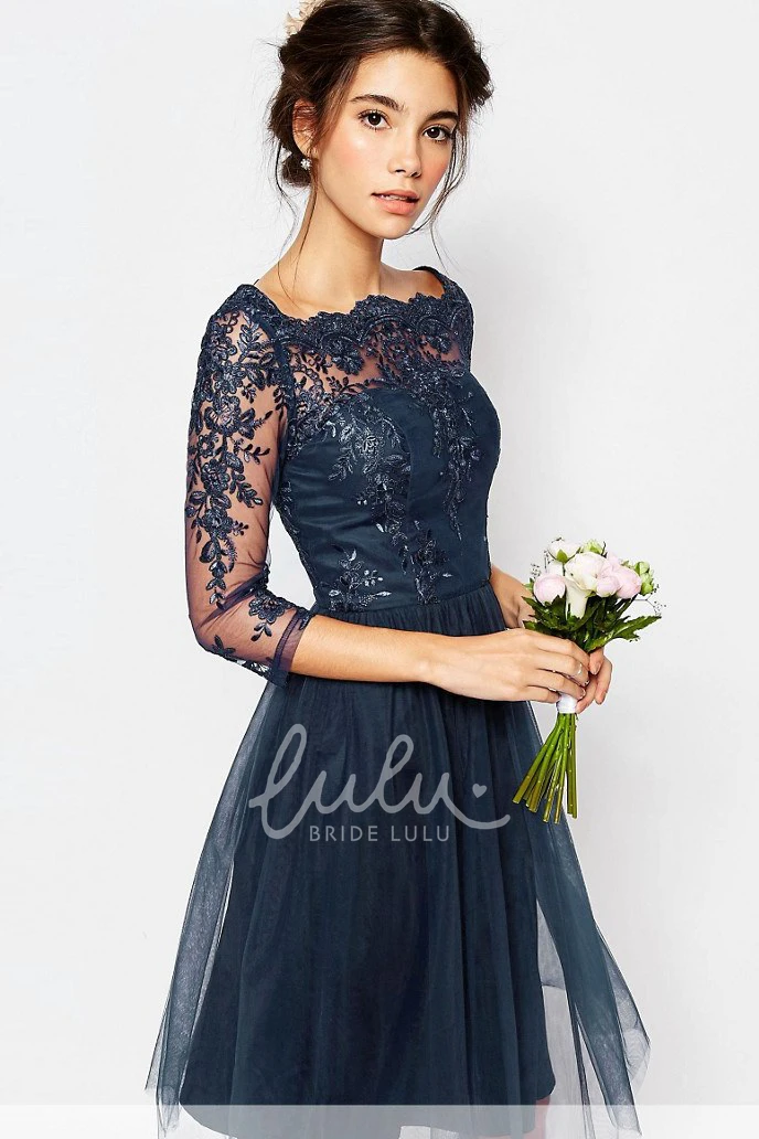 Knee-Length Tulle Bridesmaid Dress with 3-4-Sleeves and Bateau-Neck Illusion