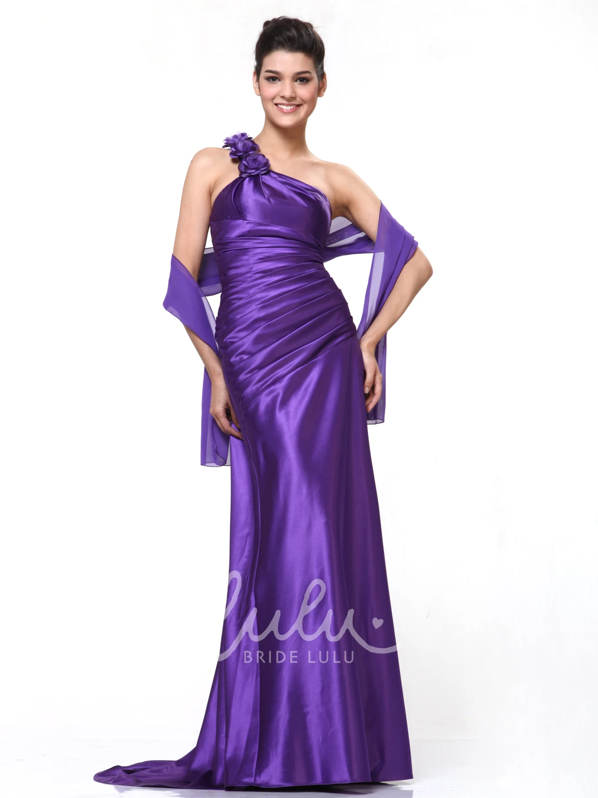 Satin One-Shoulder Prom Dress with Flower and Ruching