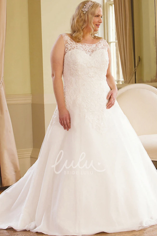 Plus Size Lace Ball Gown Wedding Dress with Scoop-Neck and Jeweled Appliques