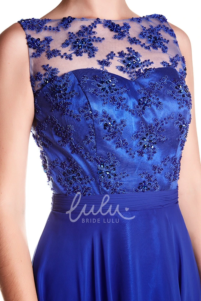 Sleeveless Jewel Neck Appliqued Chiffon Prom Dress Flowy Prom Dress