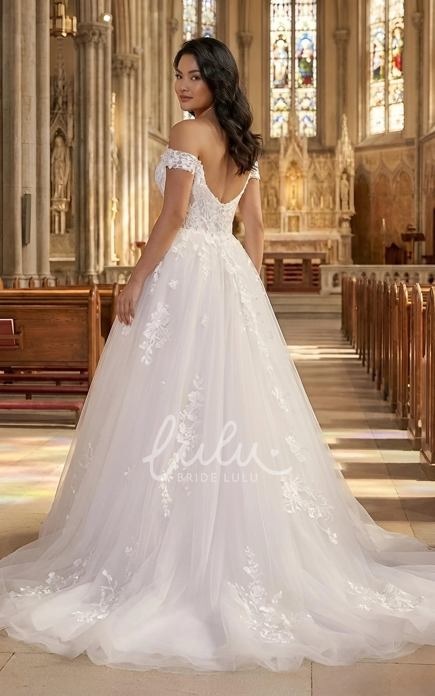 A-Line Plus Size Lace Wedding Dress Off-The-Shoulder Tulle Train Ball Gown