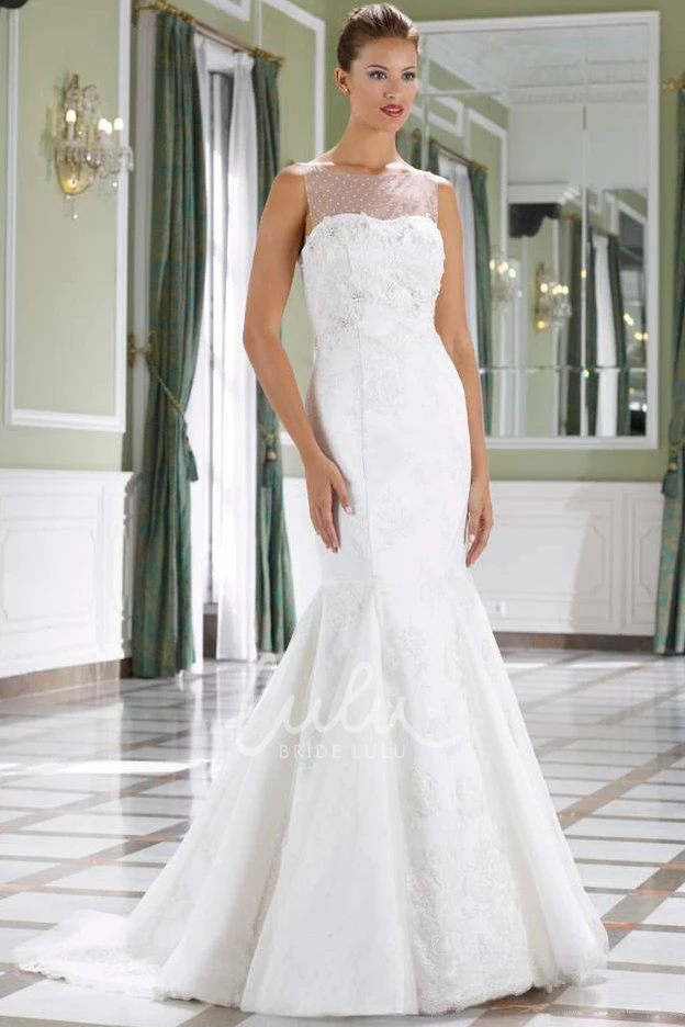 Sleeveless Lace Mermaid Wedding Dress with Illusion Back and Court Train Bateau