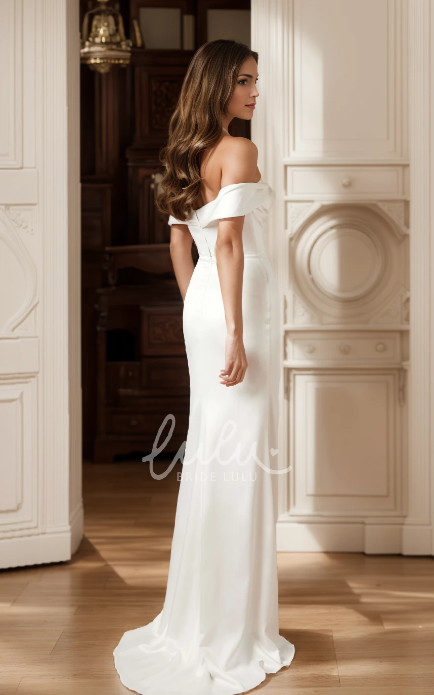 Modest Simple Mermaid Off the Shoulder Split Front Maxi Wedding Dress Solid Sleeveless Fit and Flare Bridal Gown