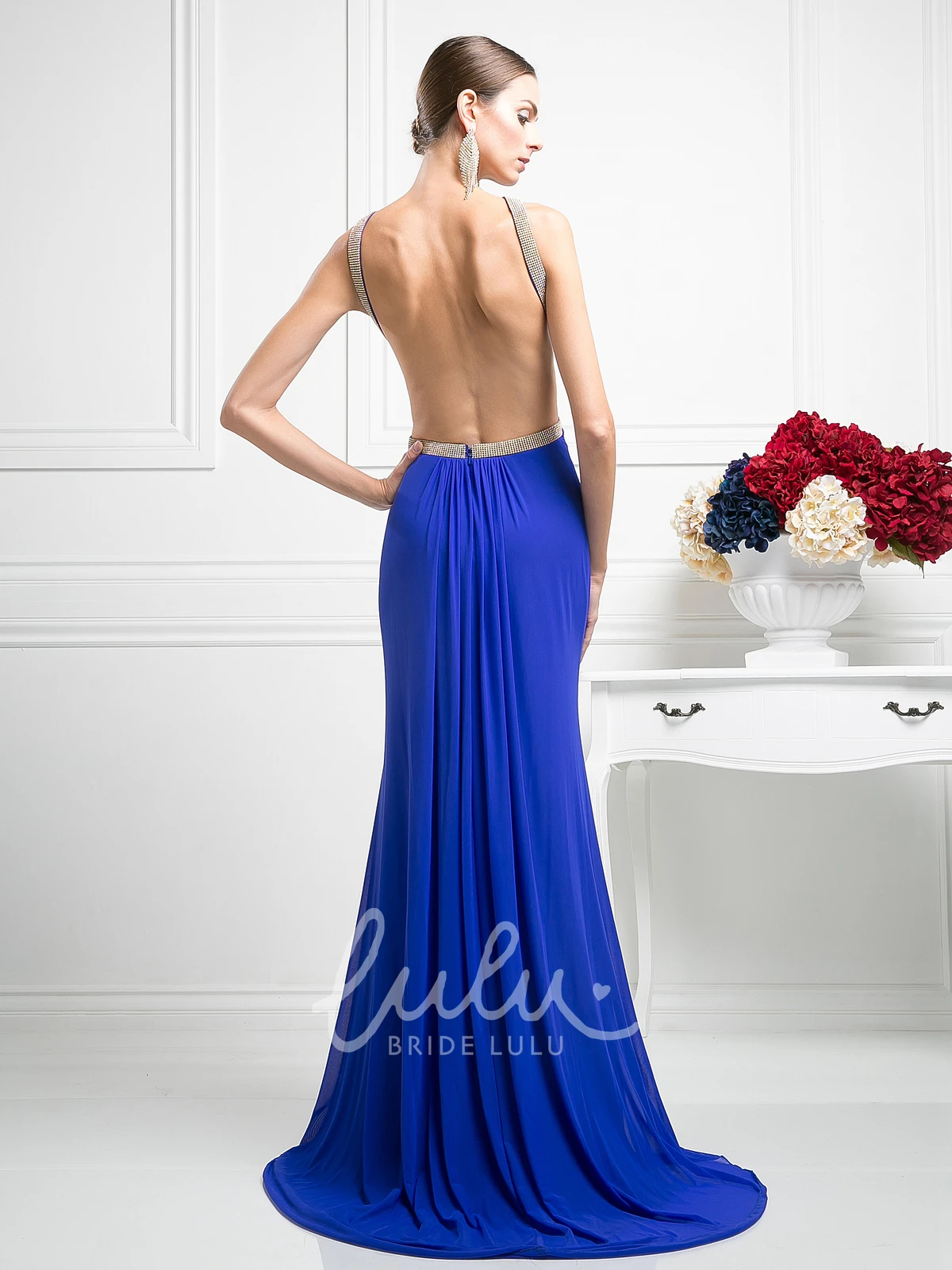 Chiffon Backless Sheath Formal Dress with Split Front and Pleats