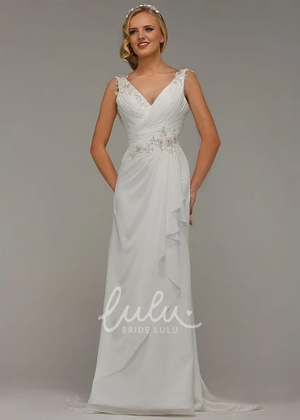 Sheath Chiffon Wedding Dress with Appliques and Ruching Flowy Bridal Gown