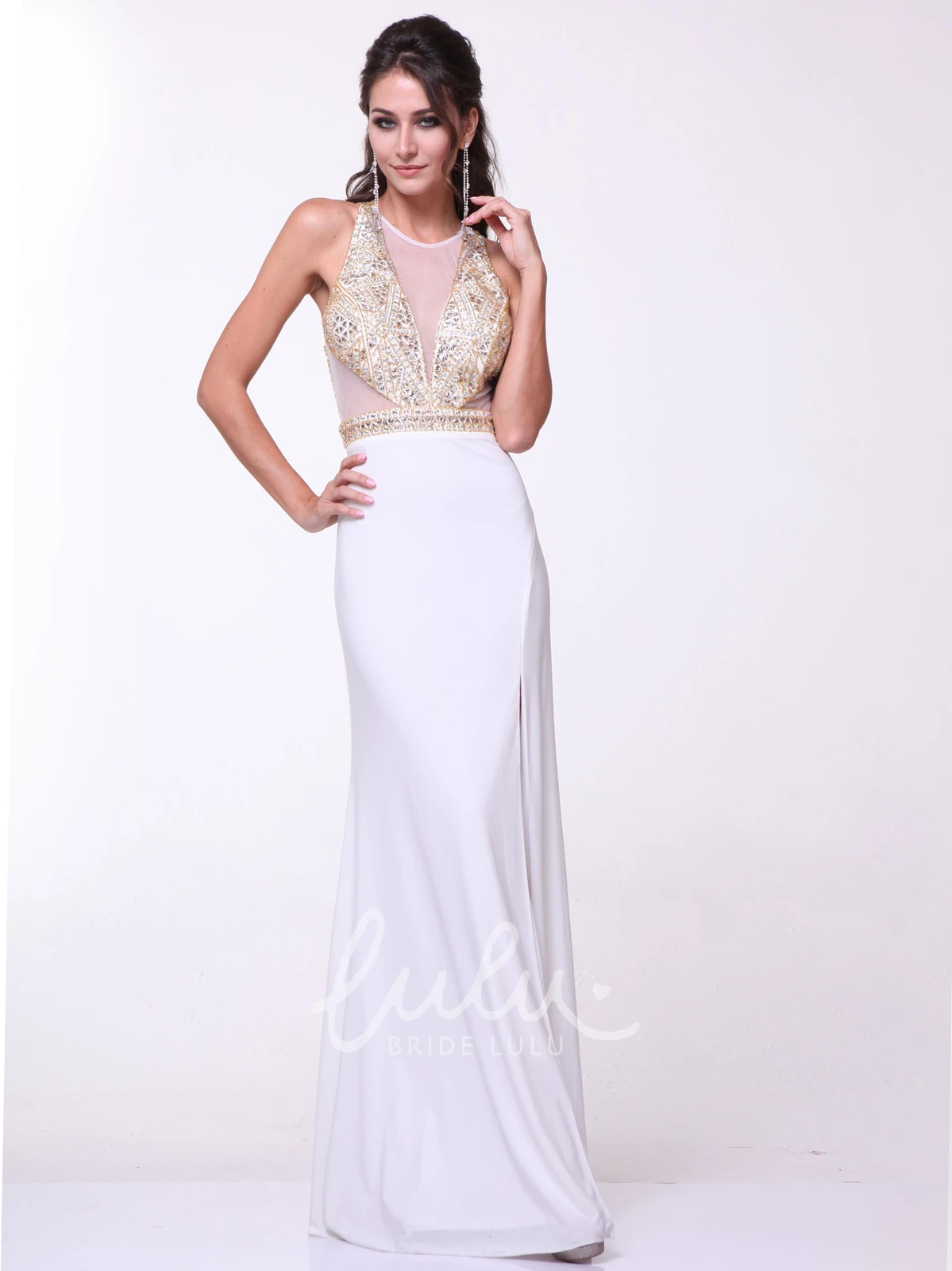 Jewel-Neck Sleeveless Jersey Dress with Beading Sheath Formal Dress