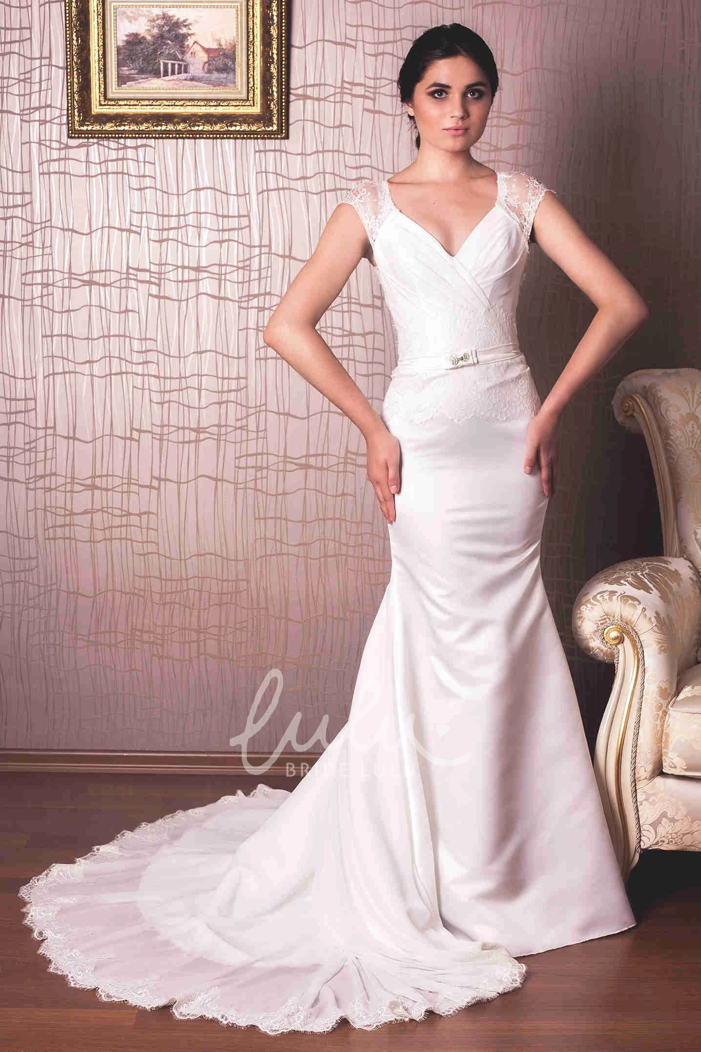 Cap-Sleeve Sheath Satin Wedding Dress V-Neck Floor-Length Lace