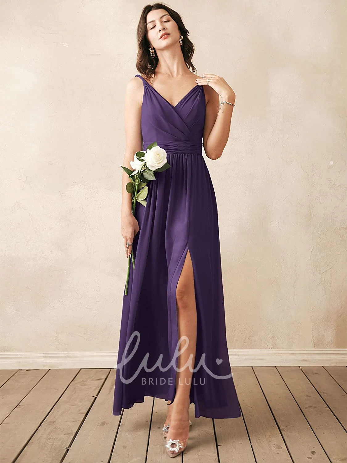 Sleeveless V-neck Chiffon A-line Bridesmaid Dress with Ruching Romantic