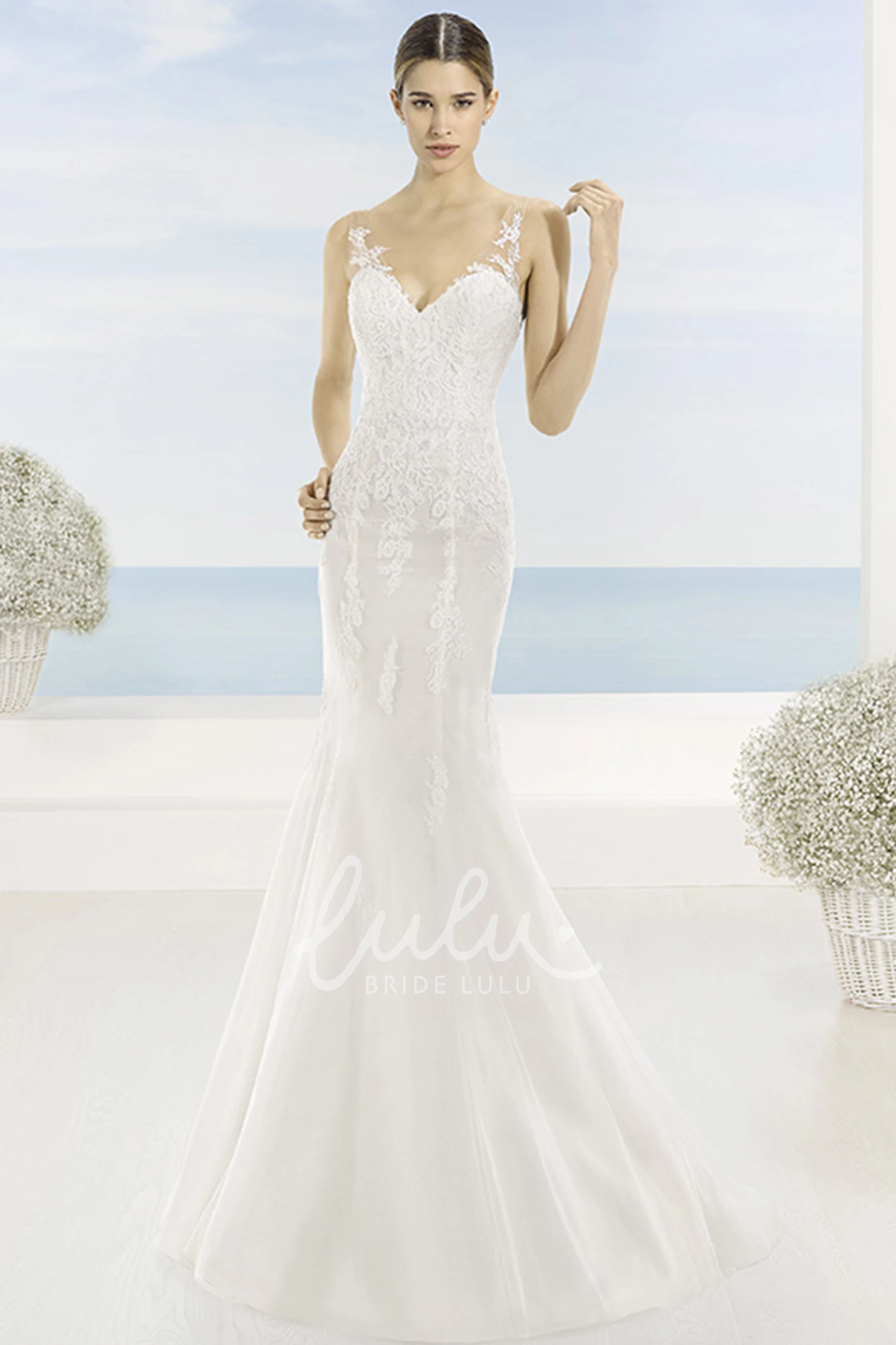 Sleeveless V-Neck Lace Wedding Dress with Sweep Train and Deep-V Back Classic Bridal Gown
