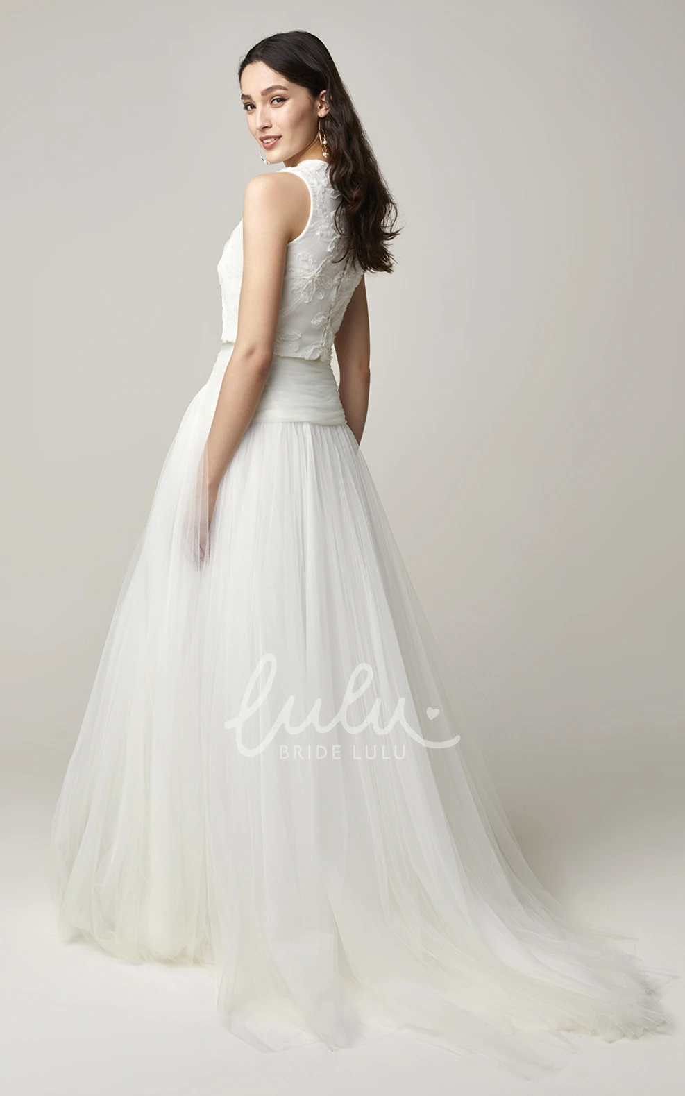 Two-Piece Bohemian Tulle Wedding Dress with Bateau Neck and Sash