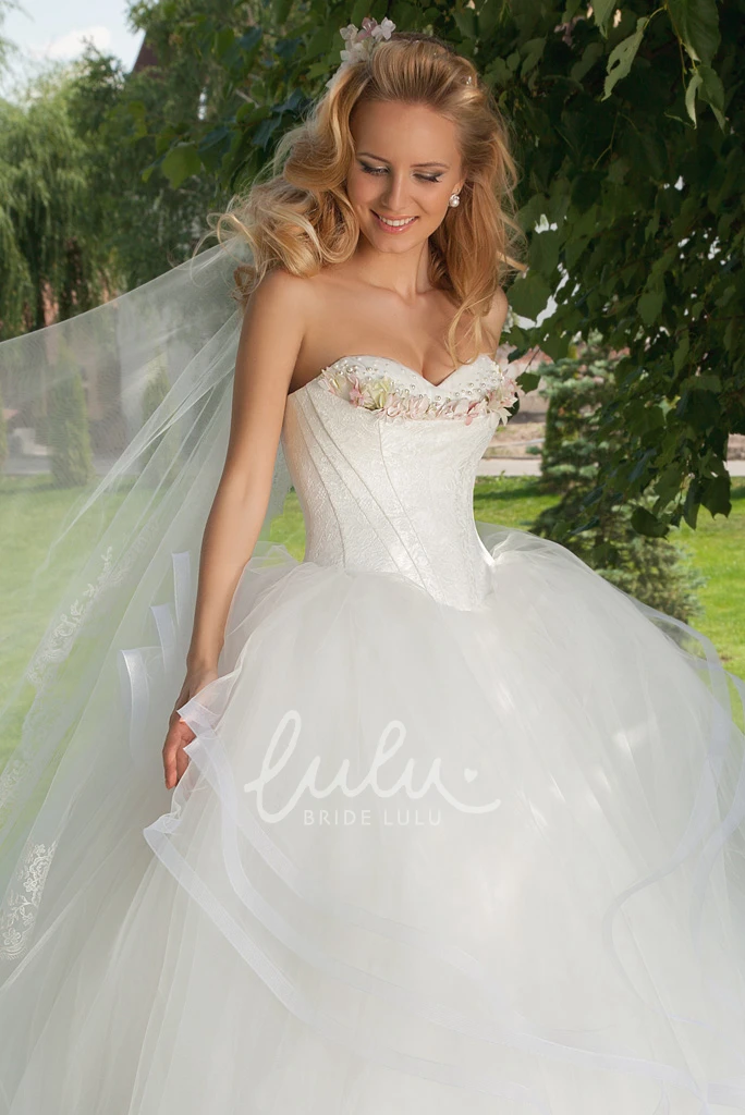 Floral Draped Tulle Wedding Dress with Corset Back Maxi Sweetheart Chapel Train