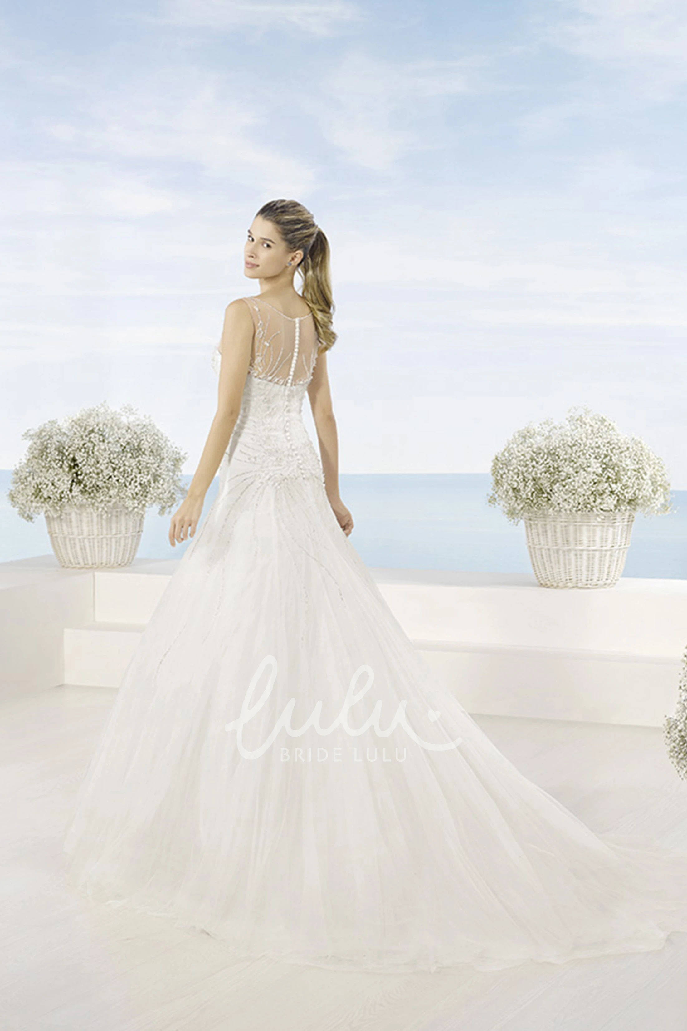Illusion Back A-Line Tulle Wedding Dress with Beading Sleeveless & Bateau Neck