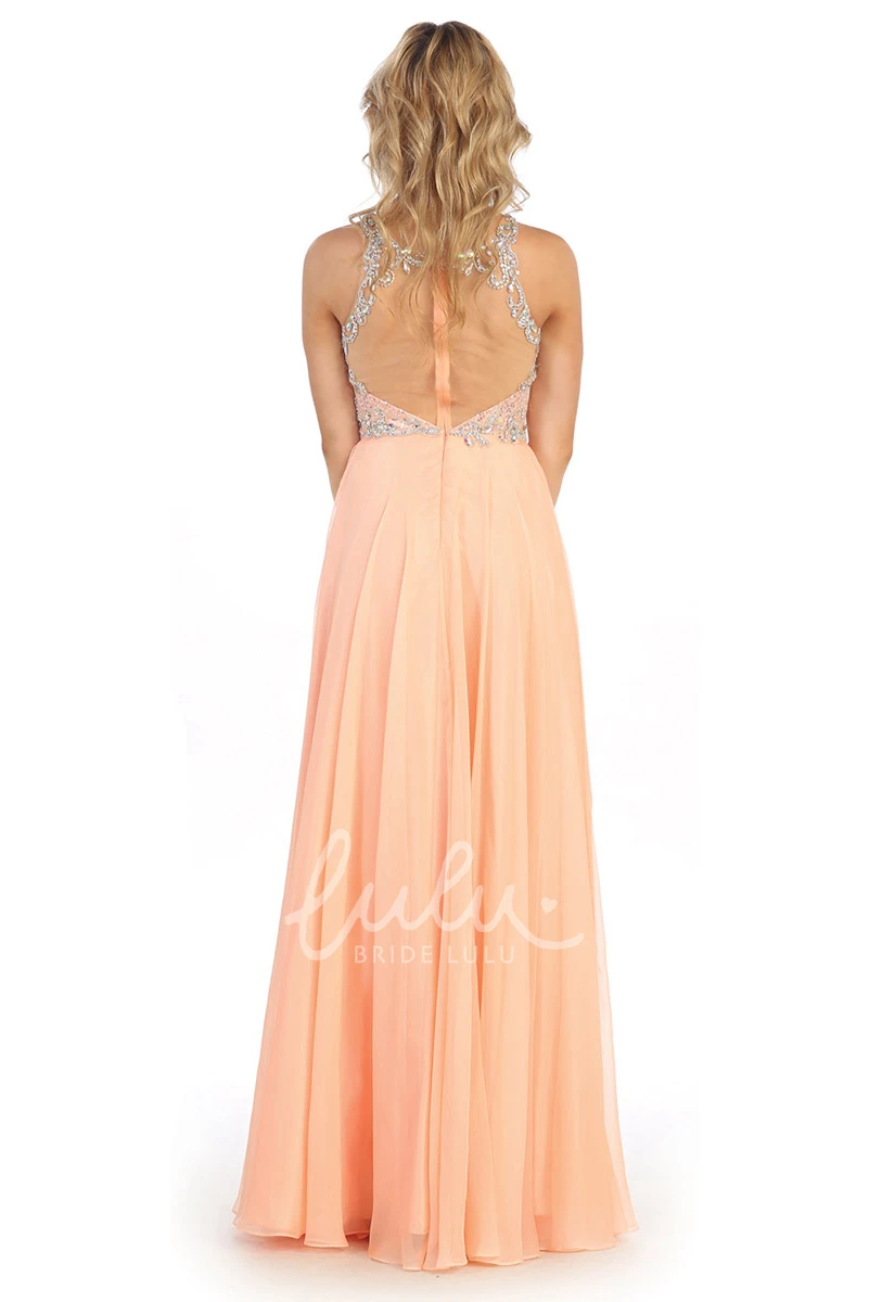 Sleeveless Illusion Bridesmaid Dress with Scoop-Neck Sequins and Beading