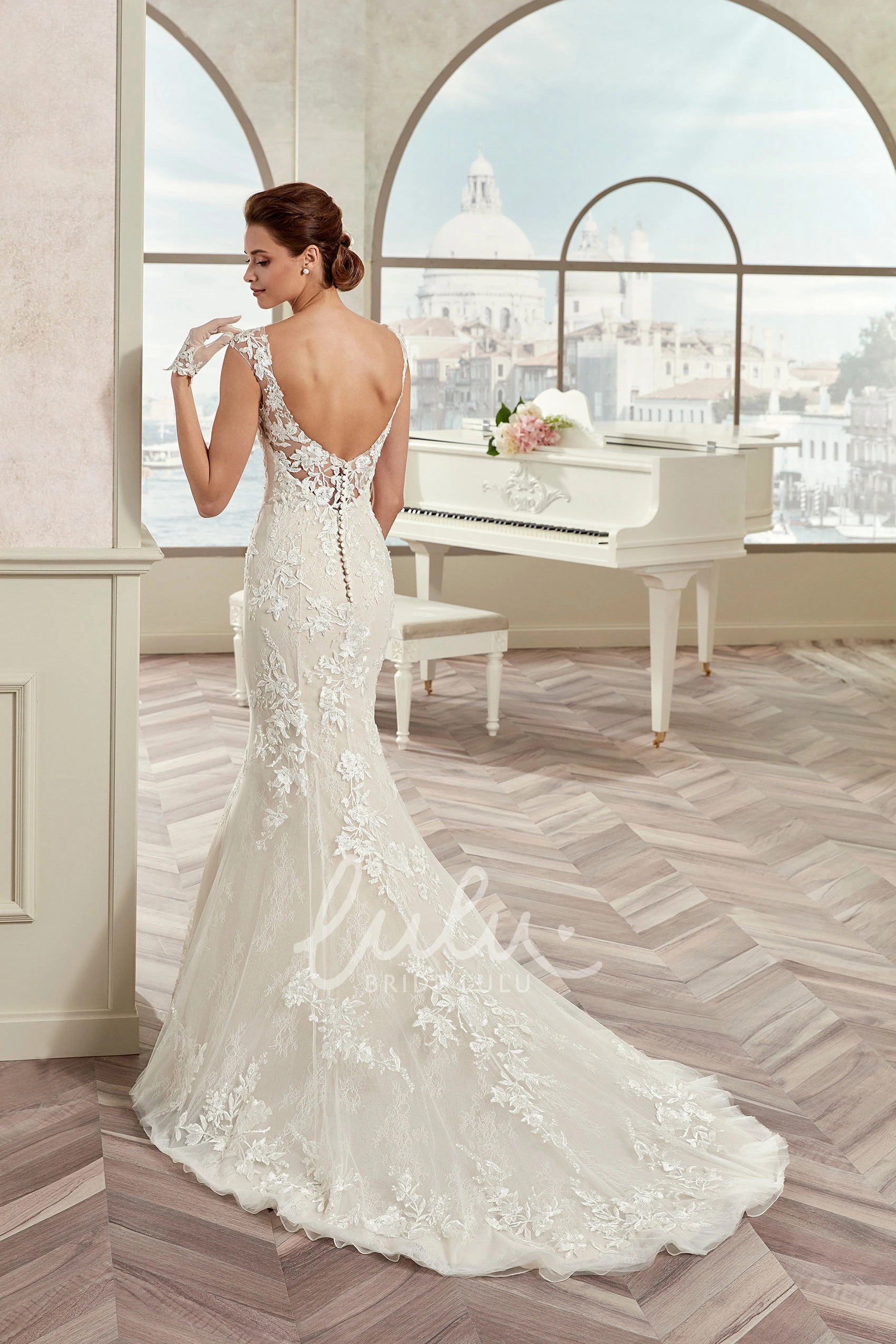 Cap Sleeve Mermaid Wedding Dress with Illusion Neckline and Open Back