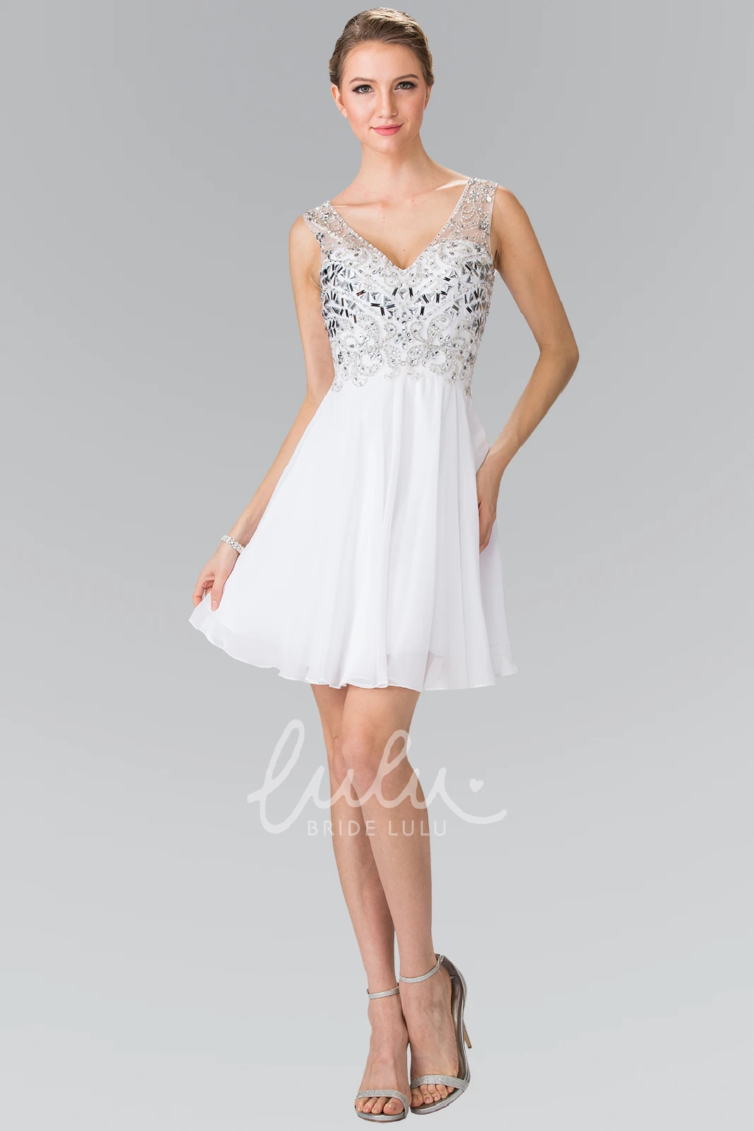 Empire Chiffon Beaded A-Line Short Formal Dress with V-Neck and Pleats