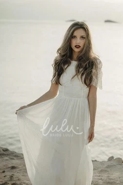 Bateau Sheath Bridal Gown with Short Sleeve and Lace Open Back Boho Wedding Dress