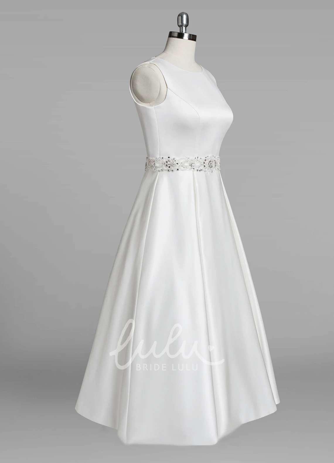 Beaded Satin A-Line Tea-Length Wedding Dress with Jewel Neck