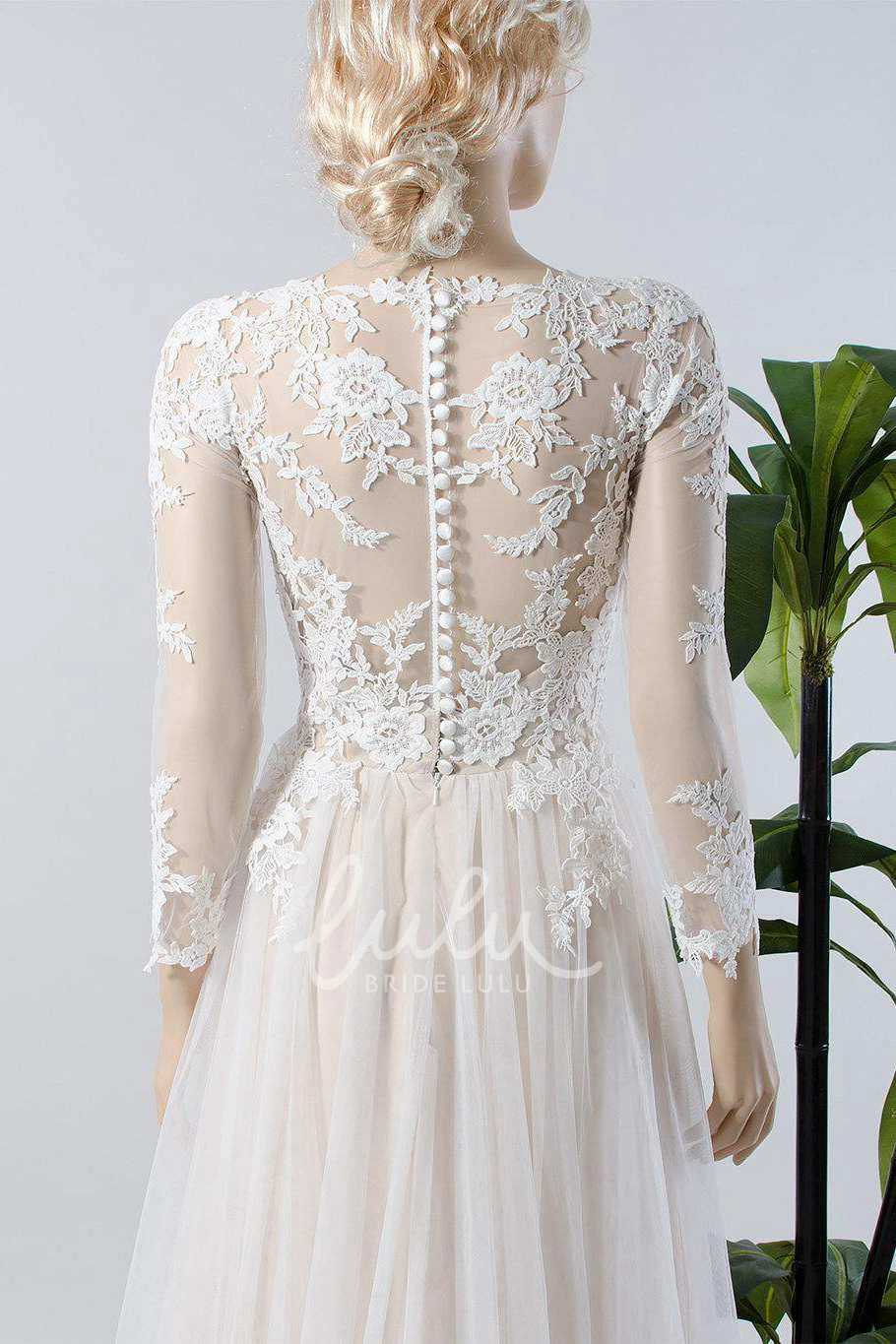 A-Line Tulle Wedding Dress with Lace Applique and Illusion Long Sleeves