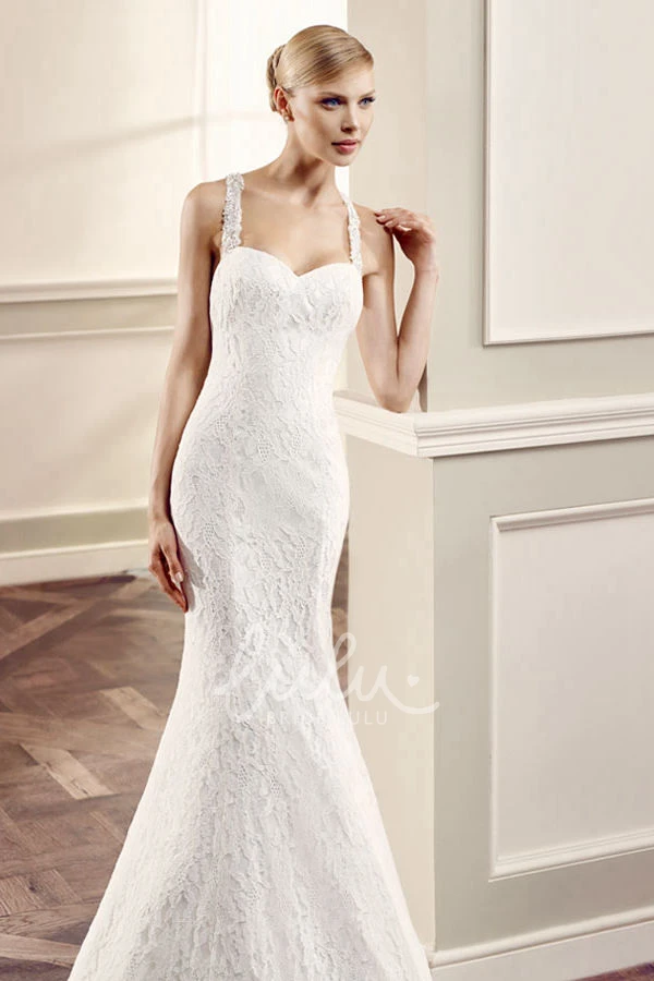 Halter Lace Wedding Dress with Brush Train Floor-Length