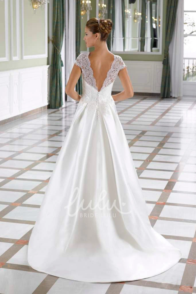 Cap-Sleeve Satin A-Line Wedding Dress with Appliques and V-Back Simple Satin Wedding Dress