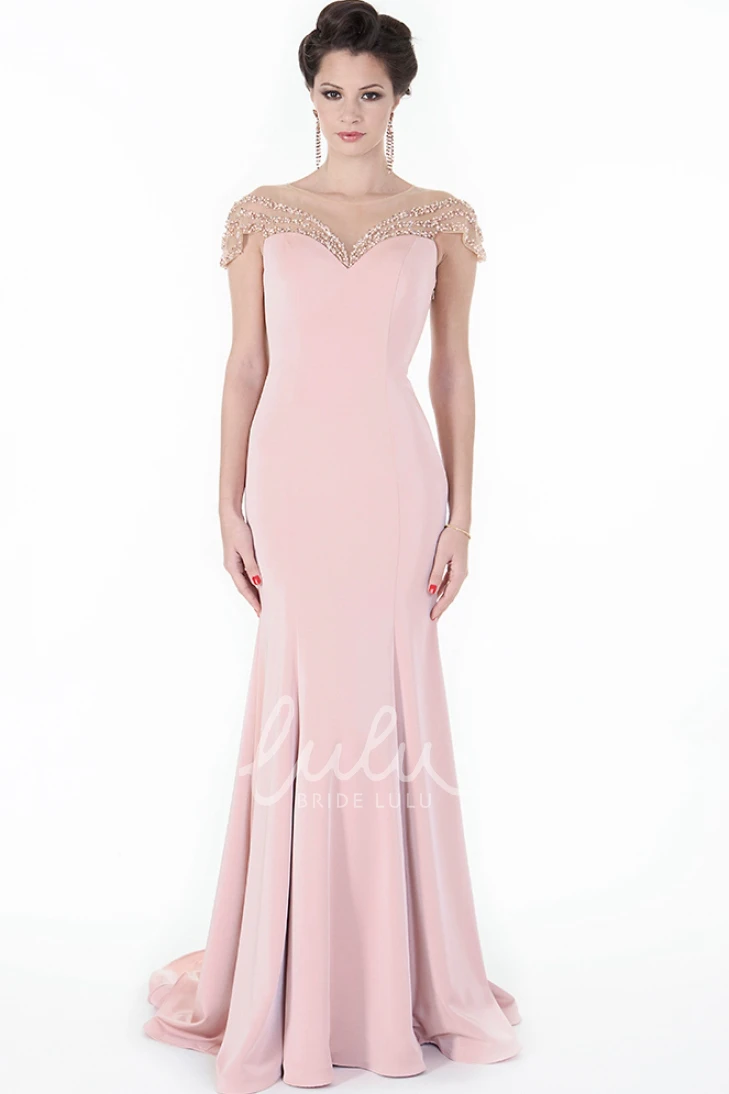 Beaded Cap-Sleeve Floor-Length Sheath Formal Dress with Bow