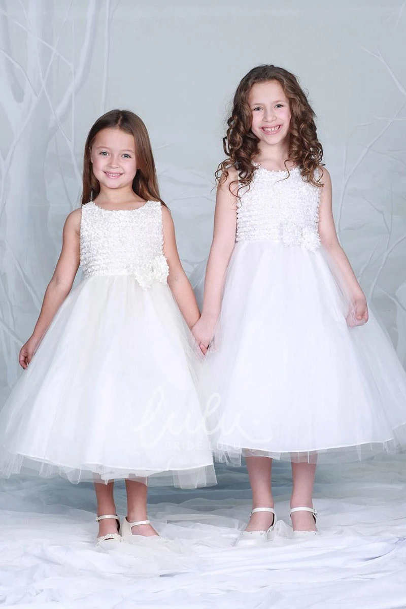 Bowed Tiered Tulle Tea-Length Flower Girl Dress Simple Dress for Girls