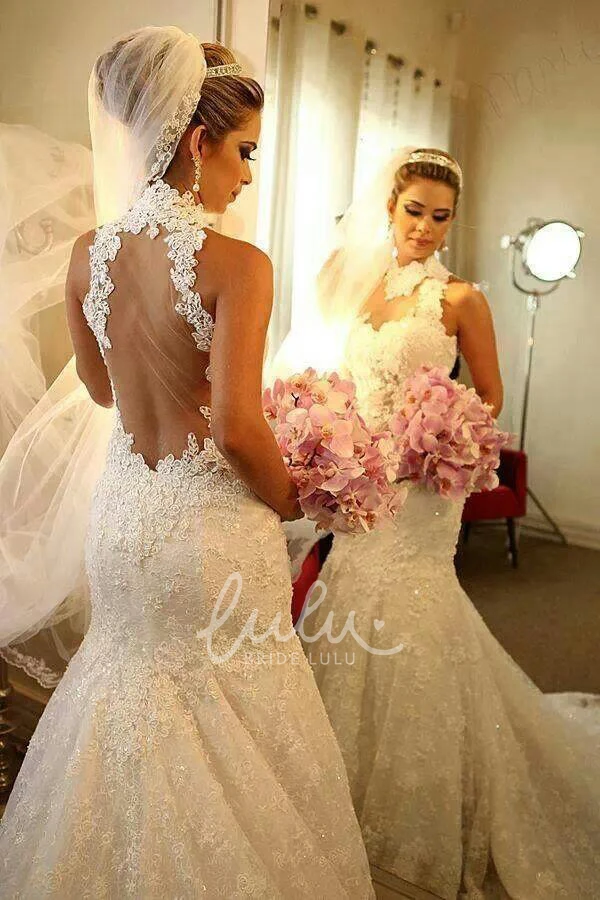 High Neck Lace Mermaid Spring Wedding Dress with Court Train 2026 Elegant