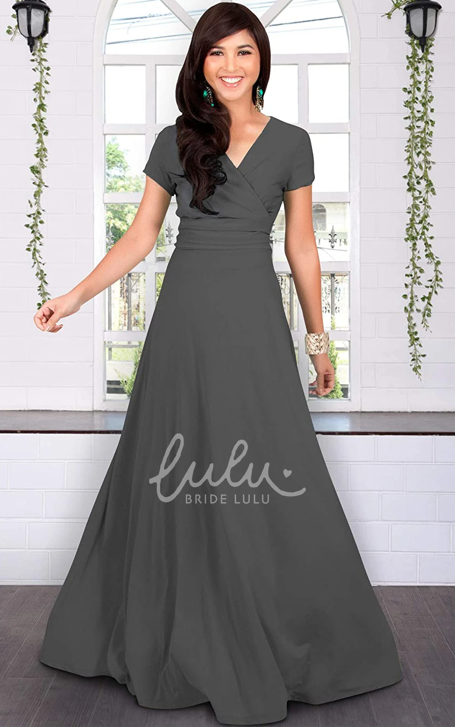 Simple Jersey V-neck A-line Evening Dress with Criss Cross and Pleats Prom Dress