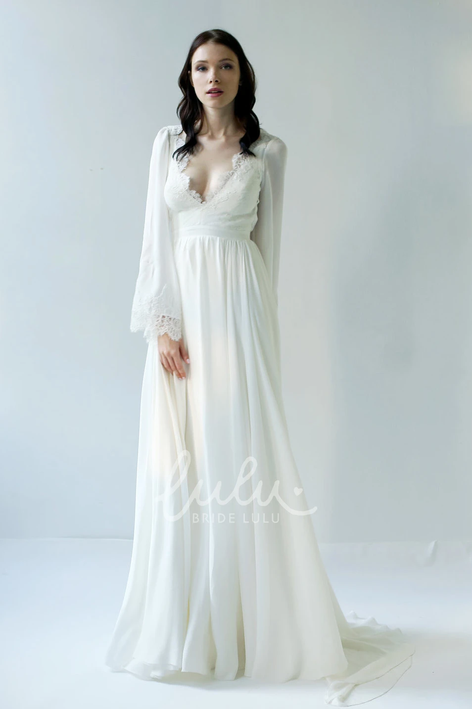 Sexy Deep-V Back Chiffon Bridal Gown with Long Scalloped Sleeves