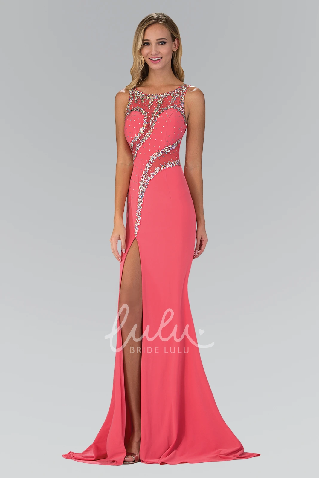 Beaded Split Front Sheath Formal Dress in Jersey Fabric