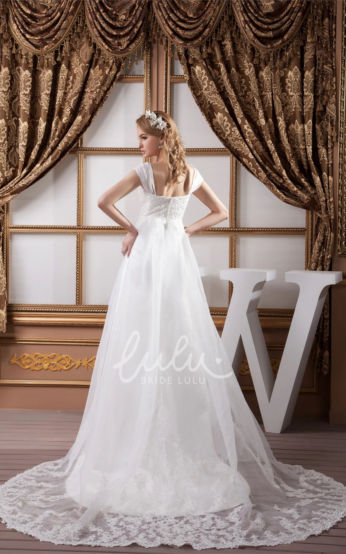 Empire A-Line Tulle Lace Wedding Dress with Cap Sleeves and Beading