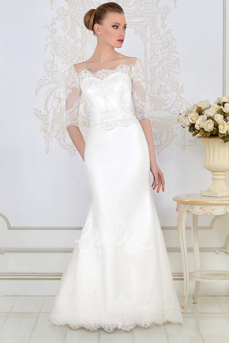 Half-Sleeve Lace and Satin Sheath Wedding Dress Floor-Length and Bateau-Neck