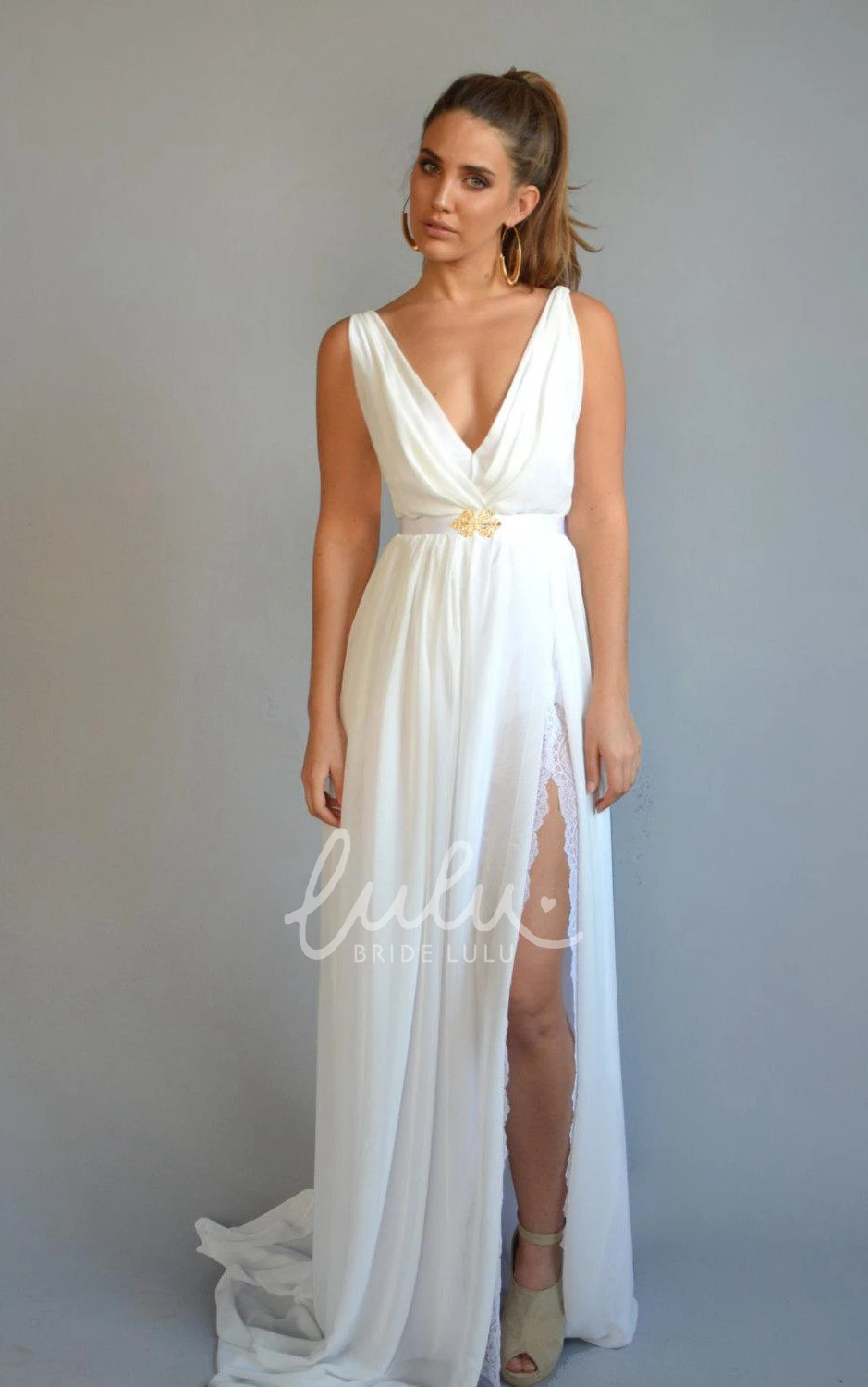 Sleeveless Sheath Chiffon Dress with Split Front and Sweep Train Flowy Wedding Dress
