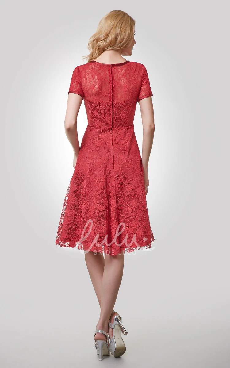 Bateau Neckline Lace Dress A-Line with Short Sleeves and Knee Length