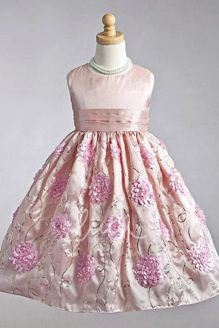Floral Embroidered Tea-Length Flower Girl Dress with Bow Modern Dress for Girls