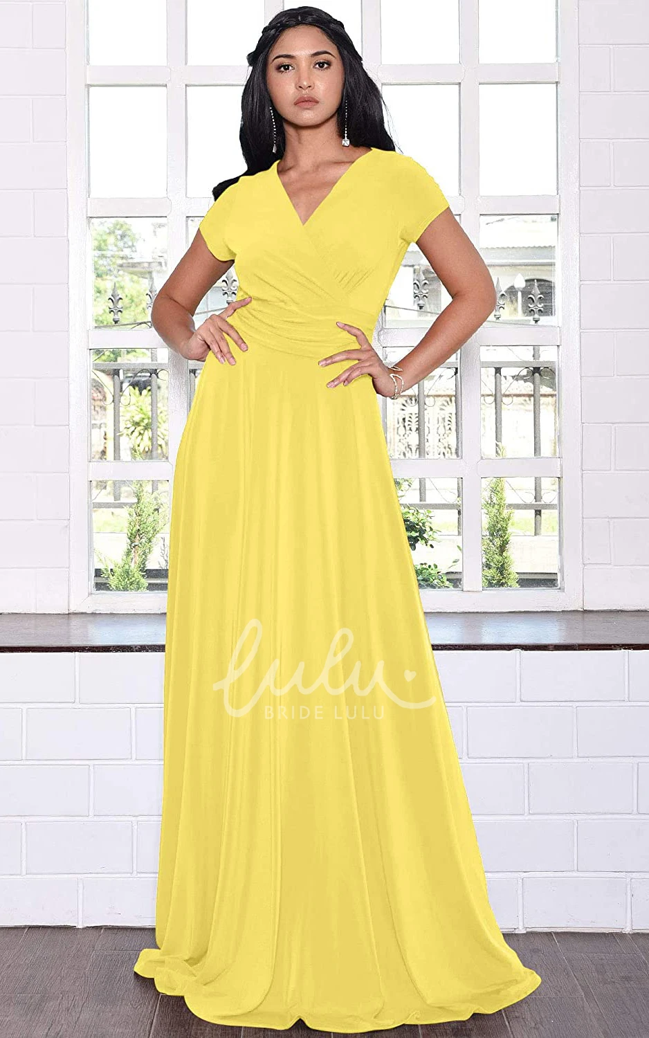 Simple Jersey V-neck A-line Evening Dress with Criss Cross and Pleats Prom Dress