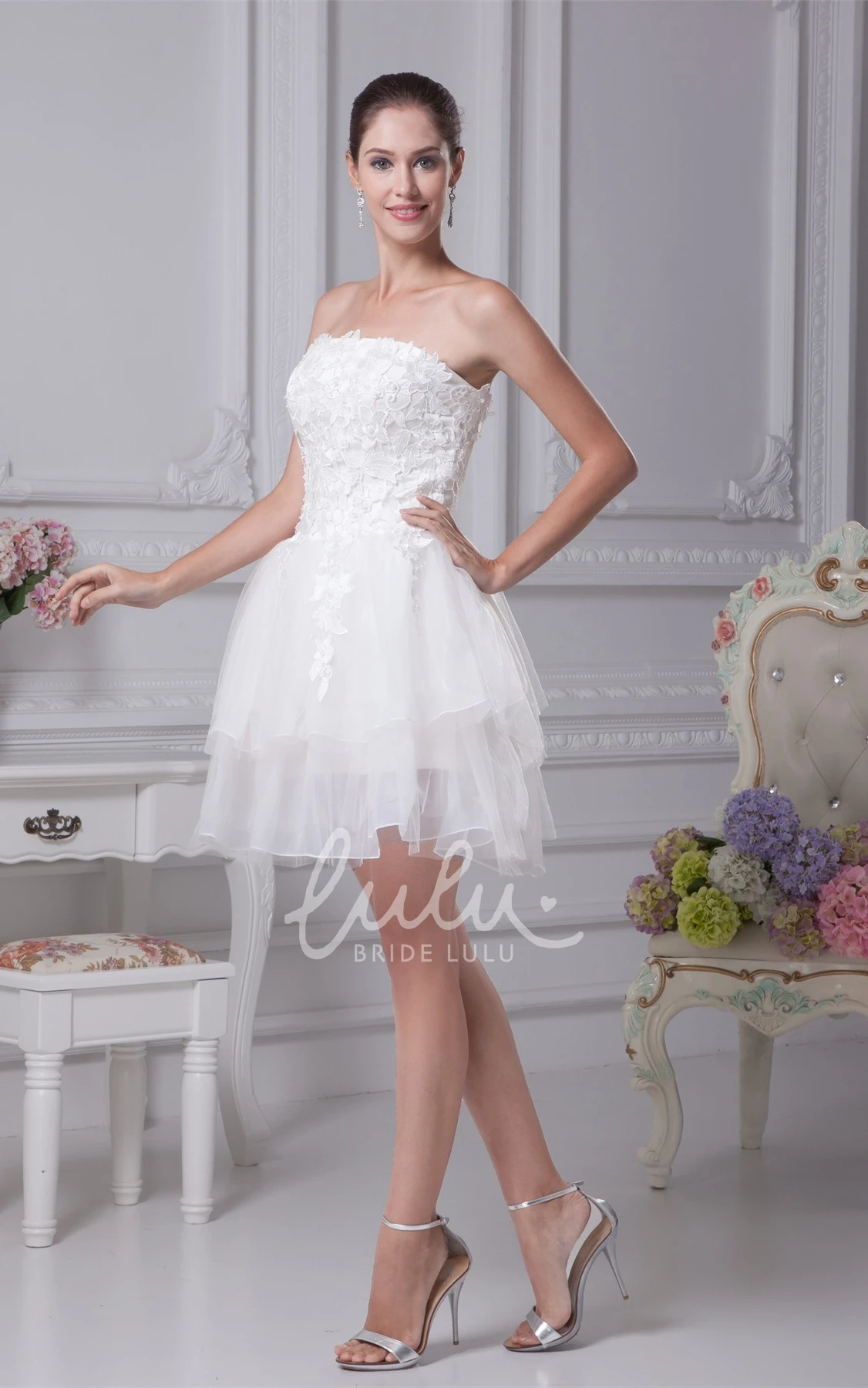 Strapless A-Line Dress with Appliques and Tulle Overlay for Prom